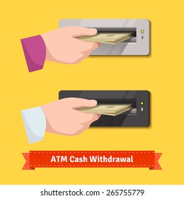 Human hand putting stack of dollar banknotes to a ATM cash validator. Flat style vector illustration.