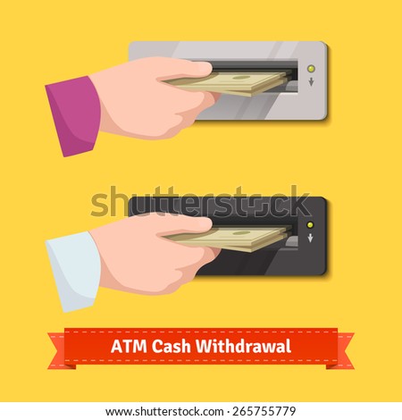 Human hand putting stack of dollar banknotes to a ATM cash validator. Flat style vector illustration.