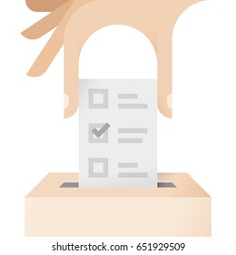Human hand putting vote with check mark into a ballot box.