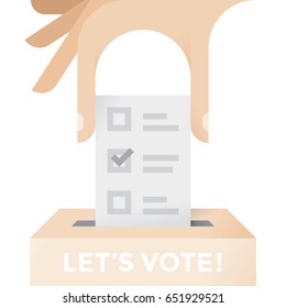 Human hand putting vote with check mark into a ballot box with Let's vote! text on it.