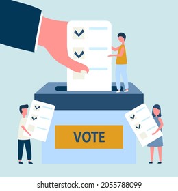 Die menschliche Hand, die das Abstimmungspapier in die Wahlurne setzt, eine Gruppe von Leuten gibt abstimmen und Papier in die Wahlurne eintragen Vektor
