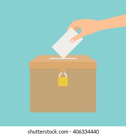 Human hand putting voting paper in the ballot box. Vector illustration flat design election concept. 