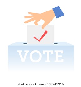 Human hand putting voting paper in the ballot box. Flat concept illustration of hand, ballot paper, voting container. Isolated vector infographic element for web, presentation, brochures.