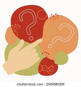 Human hand and question marks. Abstract illustration. The concept of raising the issue in business. Difficulty, obstacle, solution for a businessman. Abstract colored spots. Vector illustration.