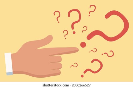 Human hand and question marks. Abstract illustration. The concept of posing a question in business. Difficulty, obstacle, solution for an entrepreneur. Isolated background. Vector illustration.