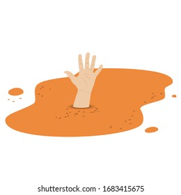 Human hand in quicksand vector cartoon illustration isolated on a white background.