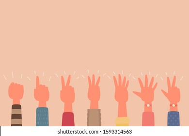 human hand raised up with different finger number sign teamwork concept, flat vector illustration