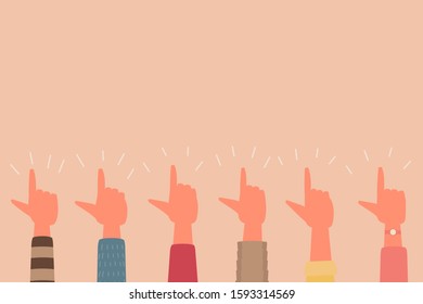 human hand raised up with finger right sign teamwork concept, flat vector illustration
