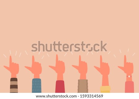 human hand raised up with finger right sign teamwork concept, flat vector illustration