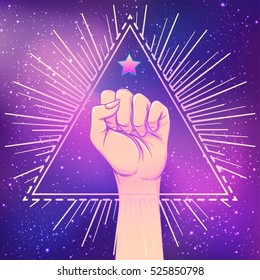 Human hand raised up inside pyramid triangle shape with rays and star. Symbol of fighting, Revolution, protest, riot. Fight like a girl. Woman power. Vector illustration over night sky background.