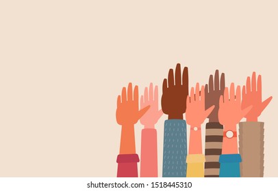 human hand raised up for teamwork concept, business, cultural diversity. vector cartoon illustration