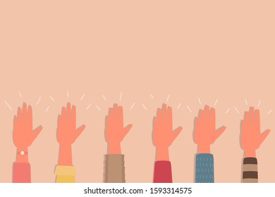 human hand raised up volunteer teamwork concept, flat vector illustration