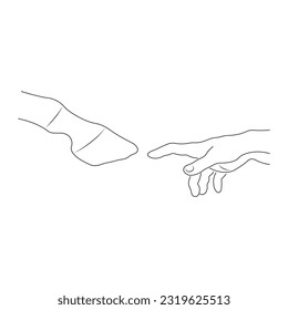 The human hand reaches for the horse's hoof. Friendship forever. The concept of veterinary care for animals. Drawn in a minimalist style. Isolated vector