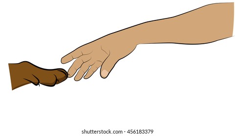 the human hand reaching for an animal paw