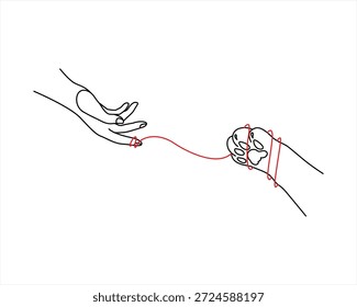 Mano humana que llega a la línea de la pata del gato Vector de arte, Ilustración vectorial blanca y negra de la pata del gato y de la línea de conexión de la mano