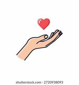 Human hand reaching out to a red heart icon, concept of giving love, donation, charity, and kindness on white background