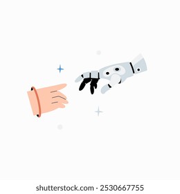 Mão humana alcançando mão robótica em ilustração vetorial plana simbolizando interação humana e robótica, tecnologia de IA e colaboração, isolada em fundo branco.