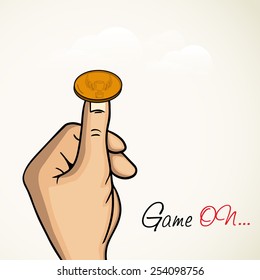 Human hand ready to toss the coin with stylish text Game On for Cricket.  svg