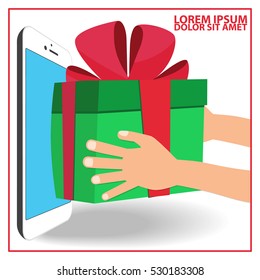 human hand receive gift box from smartphone application flat style.