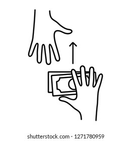 Human hand is receiving banknotes from other person. Pay cash. Vector flat outline icon illustration isolated on white background.