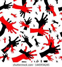 Human hand red and black on white background, seamless pattern, vector