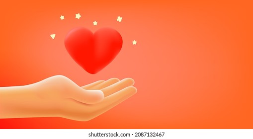 Human hand with red heart. Health care concept. 3d style vector banner with copy space