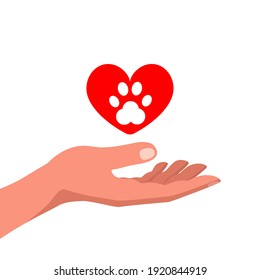 Human Hand And Red Heart With A Trace Of An Animal Dog. Animal Care And Protection Concept. Design For Pet Supplies, Advertising. Stock Vector Illustration. 