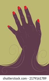 Human hand with red nail polish, silhouette with decorative swirls illustration.