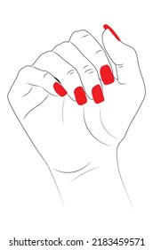 Mano humana con esmalte de uñas rojas, estilo de arte lineal, minimalismo.