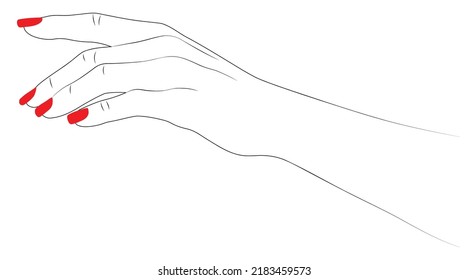 Human hand with red nail polish, line art style, minimalism.