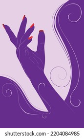 Human hand with red nail polish, silhouette with decorative swirls illustration.