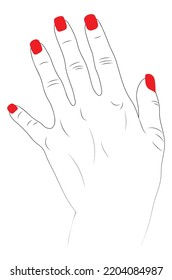 Human hand with red nail polish, line art style, minimalism.