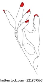 Mano humana con esmalte de uñas rojas, estilo de línea única, minimalismo.