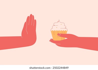 Human hand refuses sweets food. Calories control and sugar free dieting. Healthy eating habits concept. Strong Willpower and nutrition discipline. Vector illustration