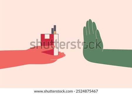 Human hand reject from the pack of cigarettes. Stop smoking tobacco and overcome nicotine addiction concept. Healthy choice and Refuse from nicotine for lung wellness. Flat vector illustration