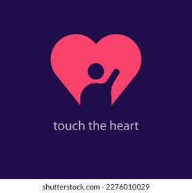 Una mano humana permanece en el corazón, diseño de logotipo. Transiciones de color únicas. Plantilla de logotipo de colección de ideas de corazón. vector.