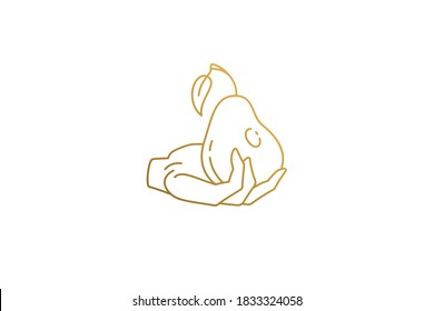 Human hand with ripe pear silhouette linear vector illustration. Hand holding fresh ripe pear agricultural industry outline style. Good for nutritionist logo emblem or poster decoration.