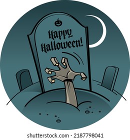 Human hand rising out from under the gravestone in the cemetery on a dark night - happy Halloween holiday image. Scary and spooky character, illustration for greeting card. Isolated, white background.