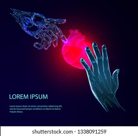 Human hand and the robot arm saves the heart. Human heart anatomy form lines and triangles, point connecting network on blue background. Medicine concept with geometry triangle. 