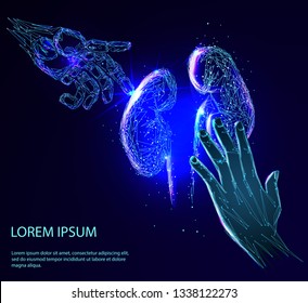 Human hand and the robot arm saves the Human Kidney. Human Kidney anatomy form lines and triangles, point connecting network on blue background. Medicine concept with geometry triangle.  - Powered by Shutterstock - Get 15% off with code: PIKWIZARD15