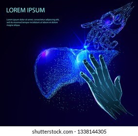 Human hand and the robot arm saves the Human Liver. Human Liveranatomy form lines and triangles, point connecting network on blue background. Medicine concept with geometry triangle. 