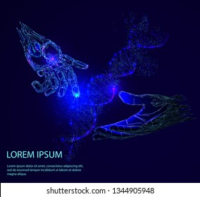 Human hand and the robot arm  and Three-dimensional dna molecule consist of randomly moving particles. Dotted quicksand wave at motion . Abstract vector illustration Science concept background. 