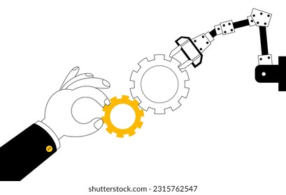 Eine menschliche Hand und eine Roboterhand bauen Teile eines Mechanismus zusammen. Künstliche Intelligenz und Menschen arbeiten zusammen. Vektorgrafik zum Thema Mensch-Roboter-Interaktion bei der Lösung von Arbeitsaufgaben.