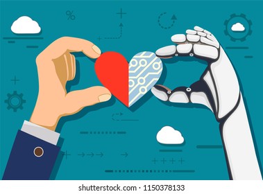 Human hand and a robot holding heart. Stock vector illustration.
