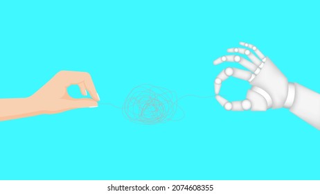 Human hand and robot unravel tangle. Collaboration between artificial intelligence and human mind. Digital help in work and psychological vector problems