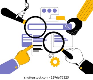 A human hand and a robotic arm with magnifying glasses are looking for errors in a mobile application. Vector illustration on the topic of mobile development and testing. Horizontal banner.