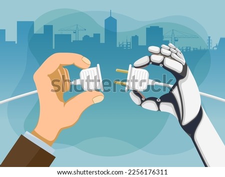 Human hand and a robotic hand hold a socket and plug. Vector illustration