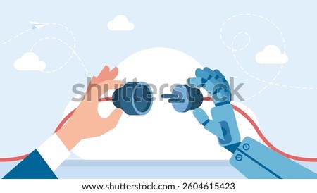 Human hand and a robotic hand hold socket and plug. Man and robot connection. Working together, cooperation, partnership. Human and artificial intelligence connect plug to outlet. Vector illustration