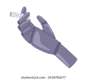 Las prótesis robóticas de mano humana sostienen el cigarrillo. Cigarrillo fumando. adicción al tabaco. Palma de ciborg, concepto de miembro robótico. Ilustración del vector con estilo dibujado a mano 