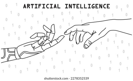 Human hand and robots as a symbol of connection between people and artificial intelligence technology. Ideal for background on website.